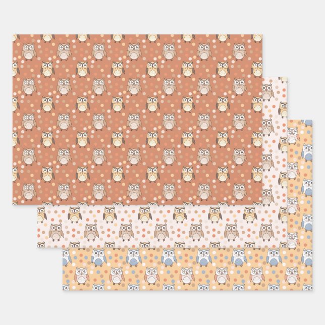 Cute Cartoon Owls and Polkadots Pastel Pattern Wrapping Paper Sheets (Set)