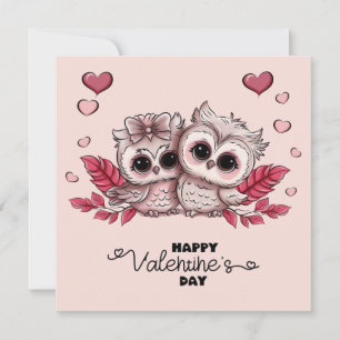 Cute Cartoon Owls Lovers Hearts Valentine’s Day Holiday Card