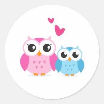 Cute Cartoon Owls With Hearts Classic Round Sticker by BrightAndBreezy at Zazzle