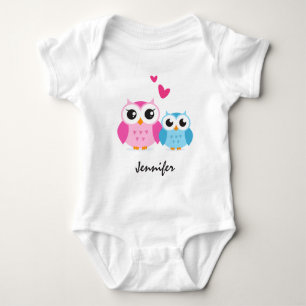 Cute cartoon owls with hearts personalized name baby bodysuit