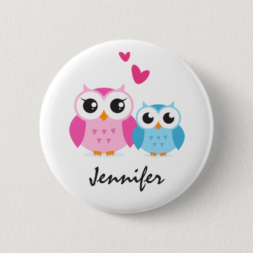 Cute cartoon owls with hearts personalized name button