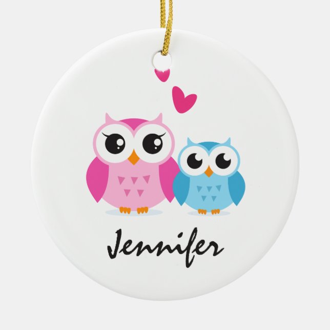 Cute cartoon owls with hearts personalized name ceramic ornament (Front)