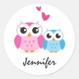 Cute cartoon owls with hearts personalized name classic round sticker