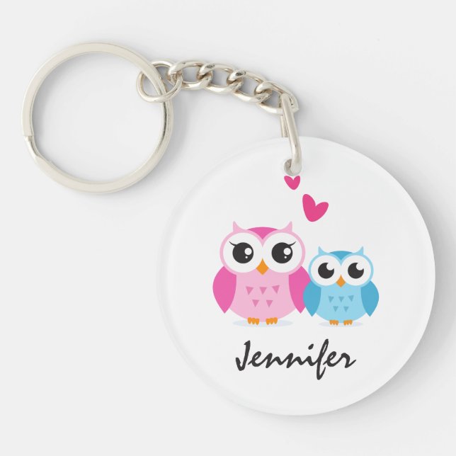 Cute cartoon owls with hearts personalized name keychain (Front)