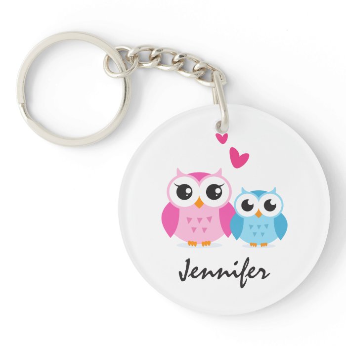 Cute cartoon owls with hearts personalized name acrylic key chain