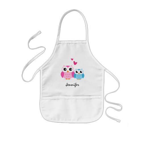 Cute cartoon owls with hearts personalized name kids apron