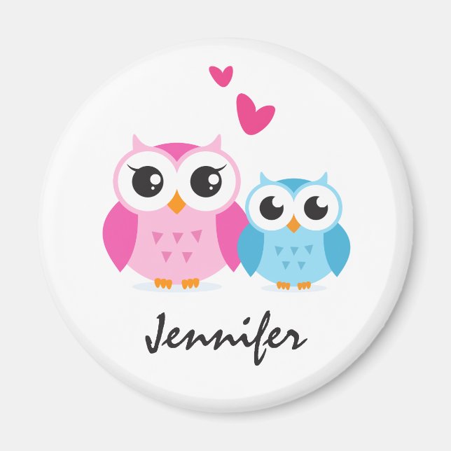 Cute cartoon owls with hearts personalized name magnet (Front)