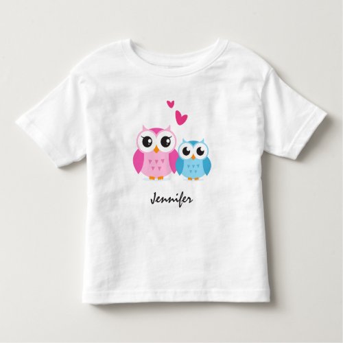 Cute cartoon owls with hearts personalized name toddler t_shirt