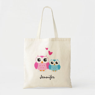 Cute cartoon owls with hearts personalized name tote bag