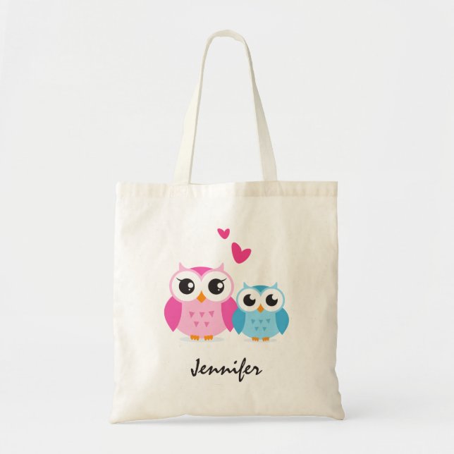 Cute cartoon owls with hearts personalized name tote bag (Front)