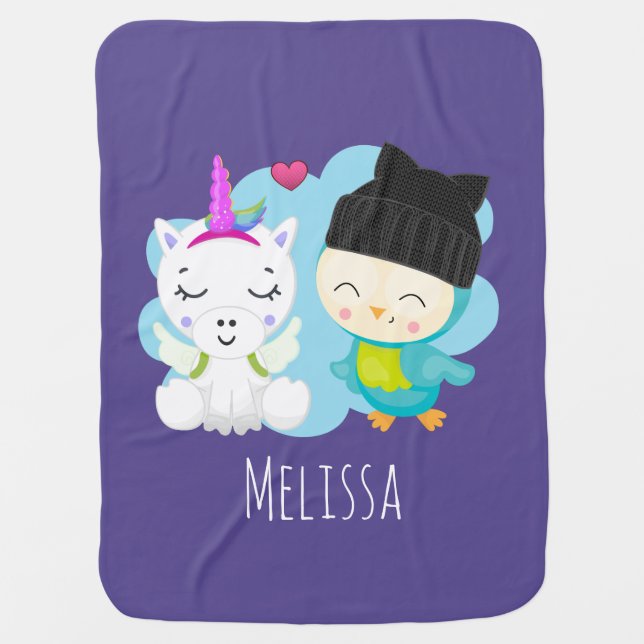 Cute Cartoon Pals -  Happy Unicorn & Bird Baby Blanket (Front)
