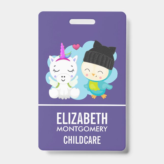 Cute Cartoon Pals -  Happy Unicorn & Bird Badge (Front)