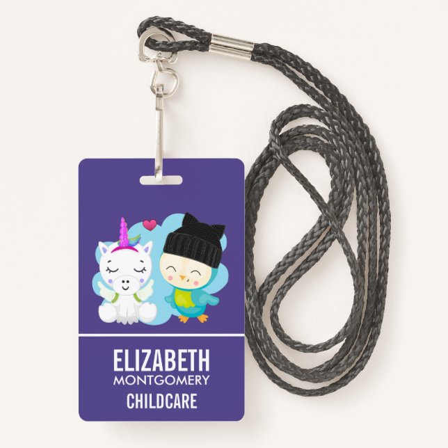Cute Cartoon Pals -  Happy Unicorn & Bird Badge (Front with Lanyard)