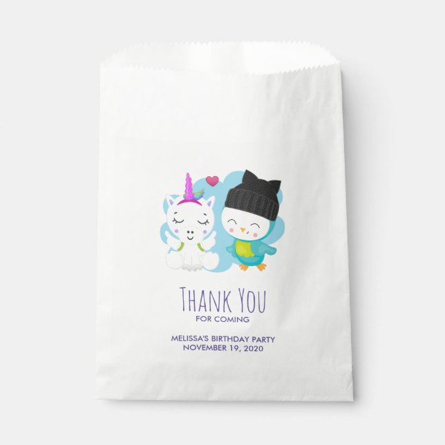 Cute Cartoon Pals -  Happy Unicorn & Bird Birthday Favor Bag (Front)