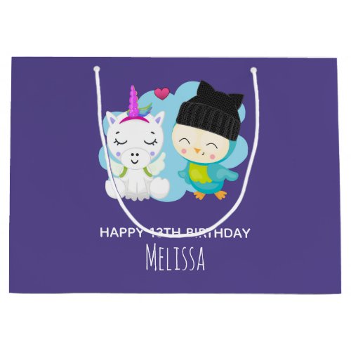 Cute Cartoon Pals _  Happy Unicorn  Bird Birthday Large Gift Bag