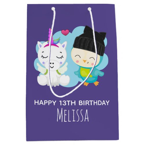 Cute Cartoon Pals _  Happy Unicorn  Bird Birthday Medium Gift Bag
