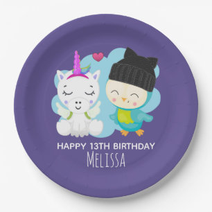 Cute Cartoon Pals - Happy Unicorn & Bird Birthday Paper Plates