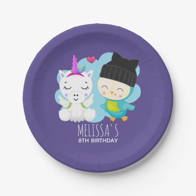 Cute Cartoon Pals -  Happy Unicorn & Bird Birthday Paper Plates (Front)