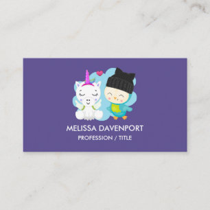 Cute Cartoon Pals -  Happy Unicorn & Bird Business Card