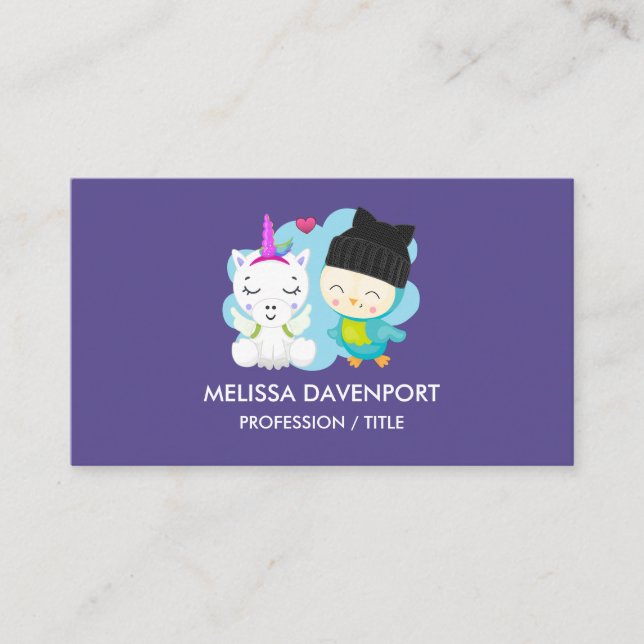 Cute Cartoon Pals -  Happy Unicorn & Bird Business Card (Front)