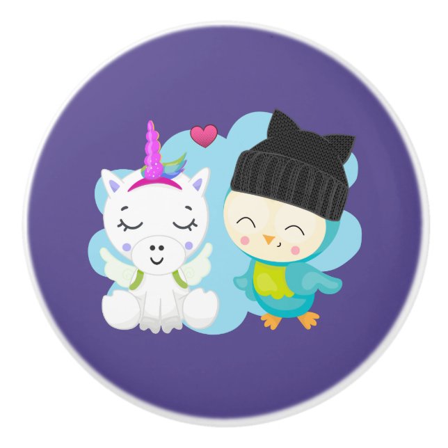Cute Cartoon Pals -  Happy Unicorn & Bird Ceramic Knob (Front)
