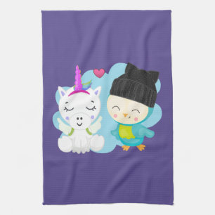 Cute Cartoon Pals - Happy Unicorn & Bird Kitchen Towel