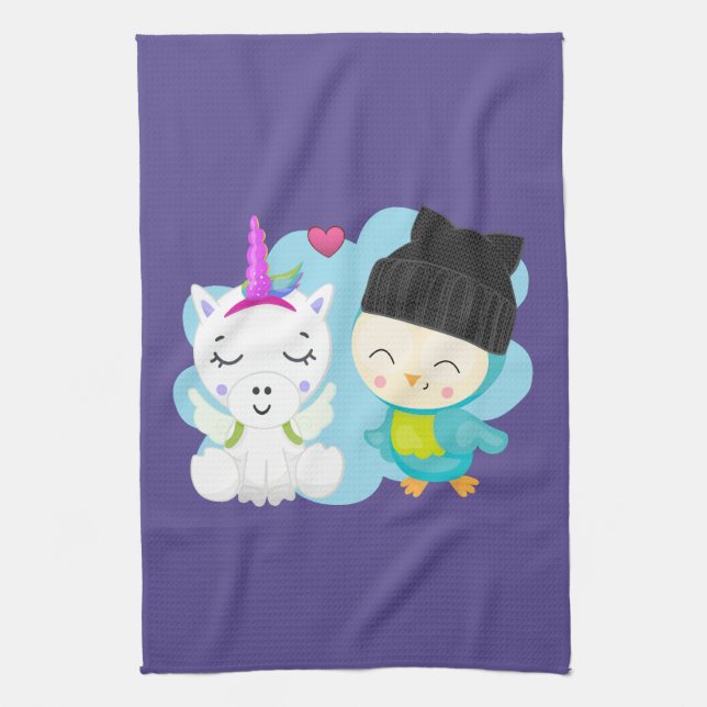 Cute Cartoon Pals -  Happy Unicorn & Bird Kitchen Towel (Vertical)