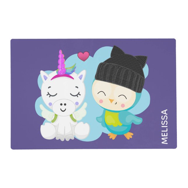 Cute Cartoon Pals -  Happy Unicorn & Bird Placemat (Front)