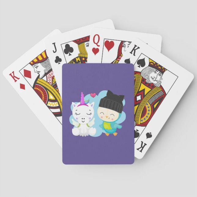 Cute Cartoon Pals -  Happy Unicorn & Bird Poker Cards (Back)