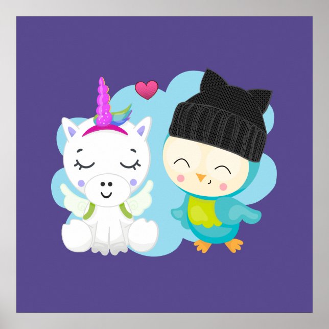 Cute Cartoon Pals -  Happy Unicorn & Bird Poster (Front)