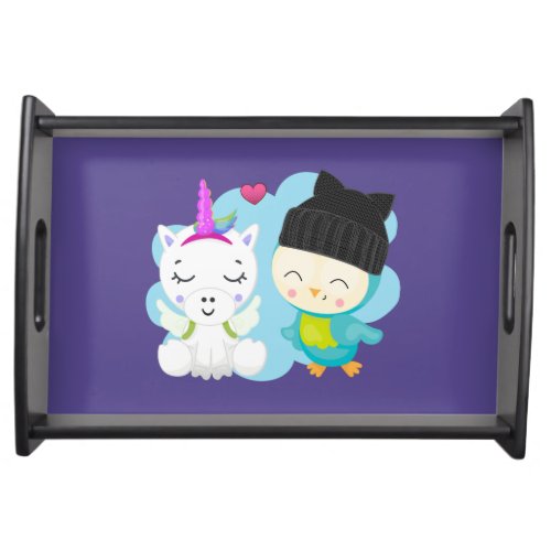 Cute Cartoon Pals _  Happy Unicorn  Bird Serving Tray