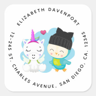 Cute Cartoon Pals - Happy Unicorn & Bird Square Sticker
