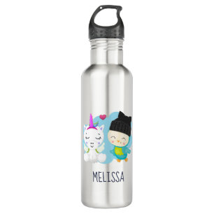 Cute Cartoon Pals - Happy Unicorn & Bird Stainless Steel Water Bottle