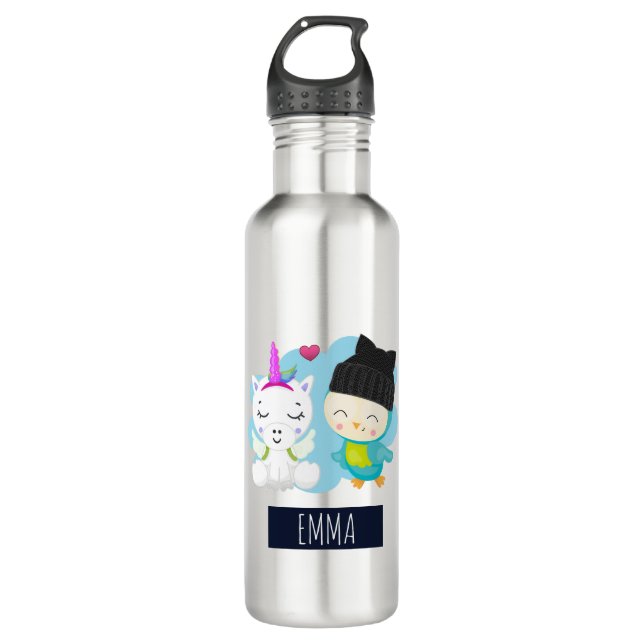 Cute Cartoon Pals -  Happy Unicorn & Bird Stainless Steel Water Bottle (Front)
