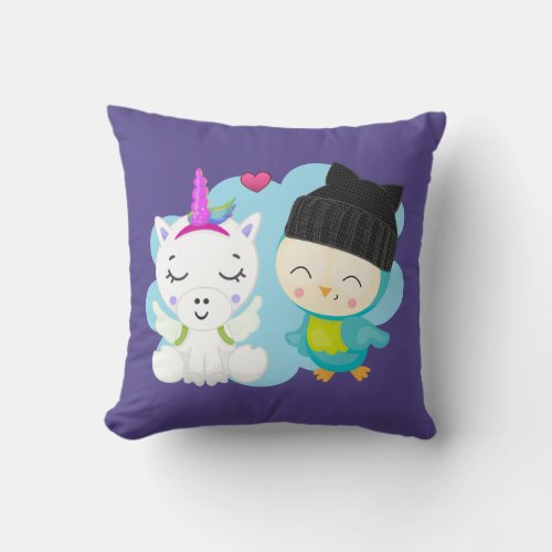 Cute Cartoon Pals _  Happy Unicorn  Bird Throw Pillow