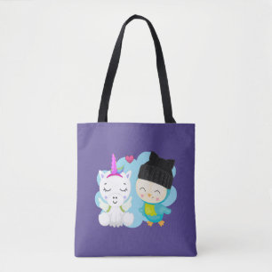 Cute Cartoon Pals -  Happy Unicorn & Bird Tote Bag