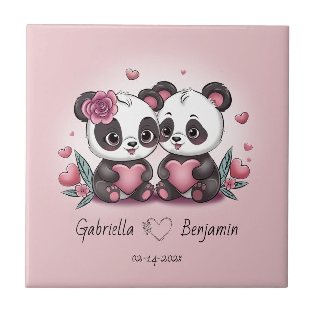 Cute Cartoon Panda Lovers Heart Valentine’s Day Ceramic Tile (Front)