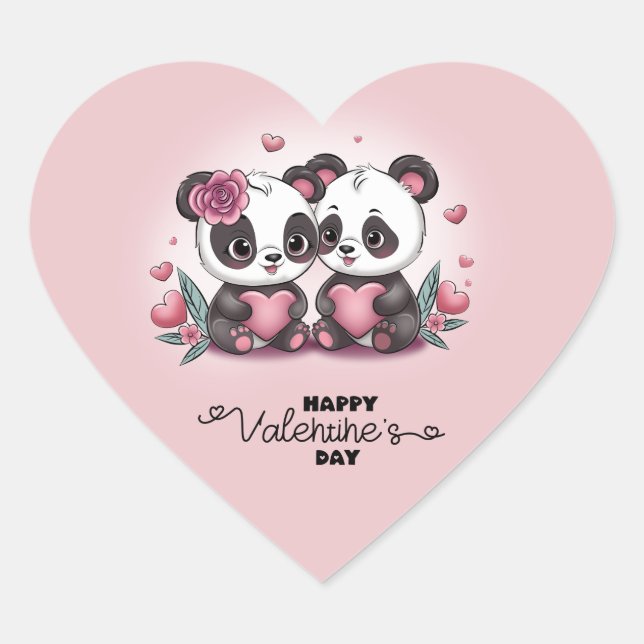 Cute Cartoon Panda Lovers Heart Valentine’s Day Heart Sticker (Front)