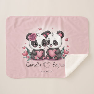 Cute Cartoon Panda Lovers Heart Valentine’s Day Sherpa Blanket