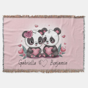 Cute Cartoon Panda Lovers Heart Valentine’s Day Throw Blanket