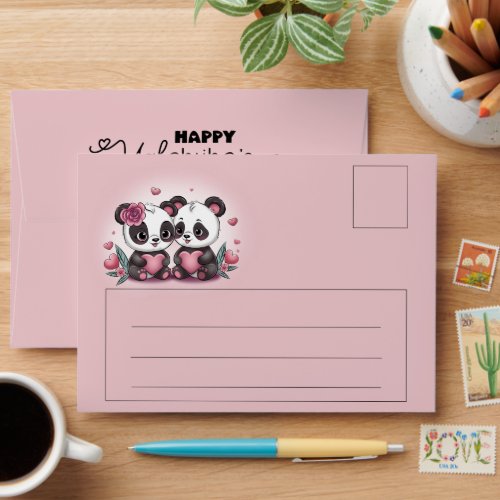 Cute Cartoon Panda Lovers Hearts Valentines Day Envelope