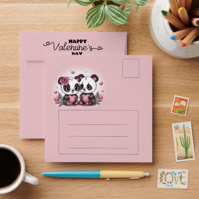 Cute Cartoon Panda Lovers Hearts Valentine’s Day Envelope (Desk)