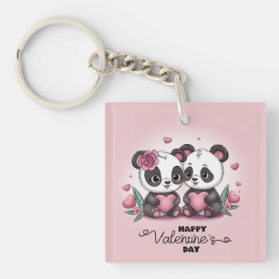 Cute Cartoon Panda Lovers Hearts Valentine’s Day Keychain
