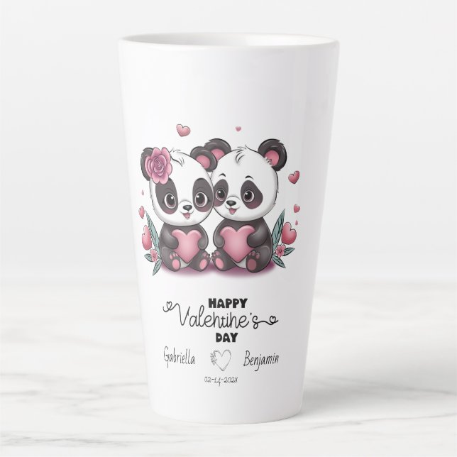 Cute Cartoon Panda Lovers Hearts Valentine’s Day Latte Mug (Front)