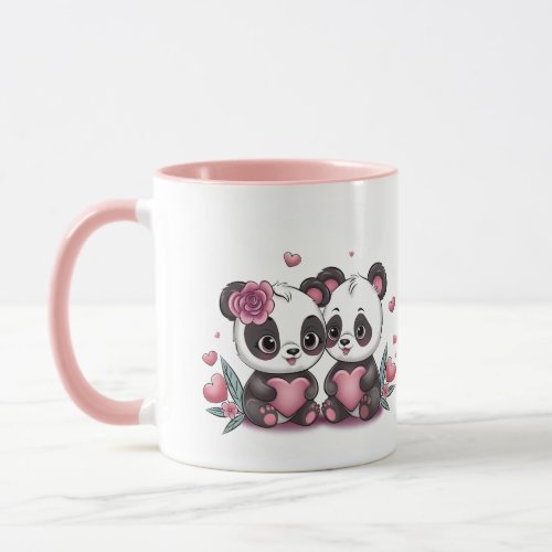 Cute Cartoon Panda Lovers Hearts Valentineâs Day Mug