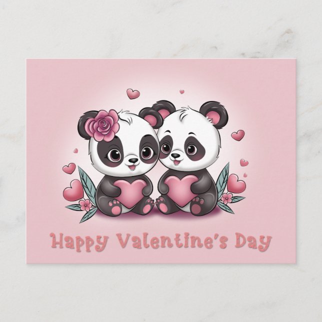 Cute Cartoon Panda Lovers Hearts Valentine’s Day  Postcard (Front)