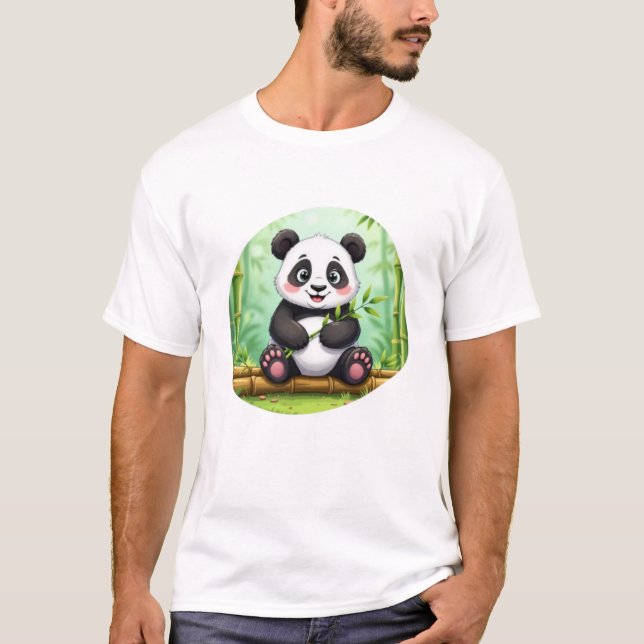 Cute Cartoon Panda on Bamboo Patch T-Shirt (Front)