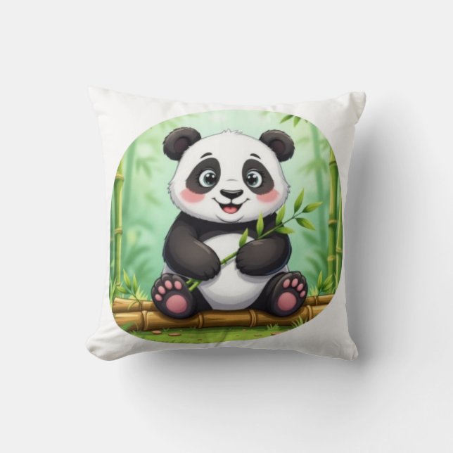 Cute Cartoon Panda on Bamboo Patch Throw Pillow (Front)