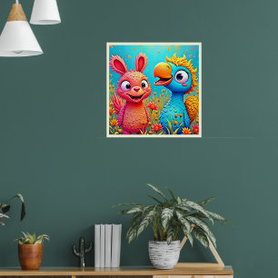 Cute Cartoon Parrot Bunny Art Poster