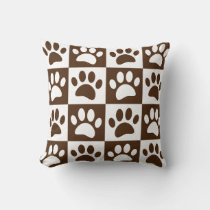 Cute Cartoon Paw Prints Brown Checkerboard Throw Pillow